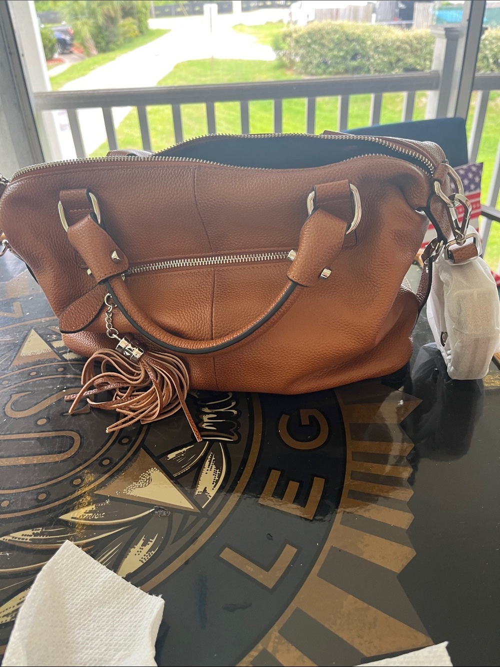 Tassel Accent Brown Leather Shoulder Bag